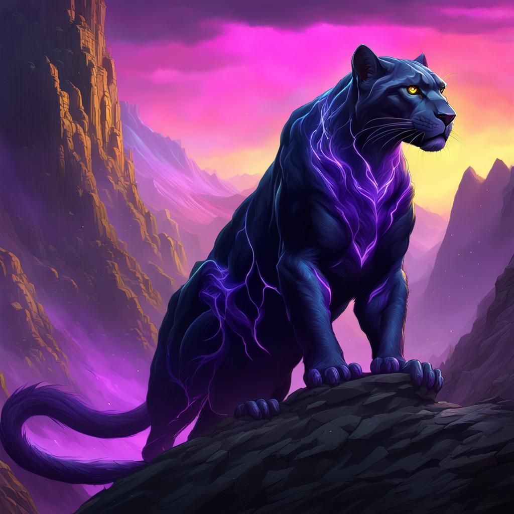 Iridescent Panther in Dark Fantasy Landscape