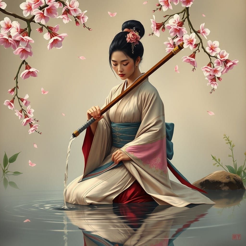 Surreal Geisha Emerges from Cherry Blossom Pond