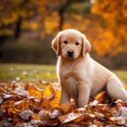 Golden Retriever Puppy in Autumn Leaves