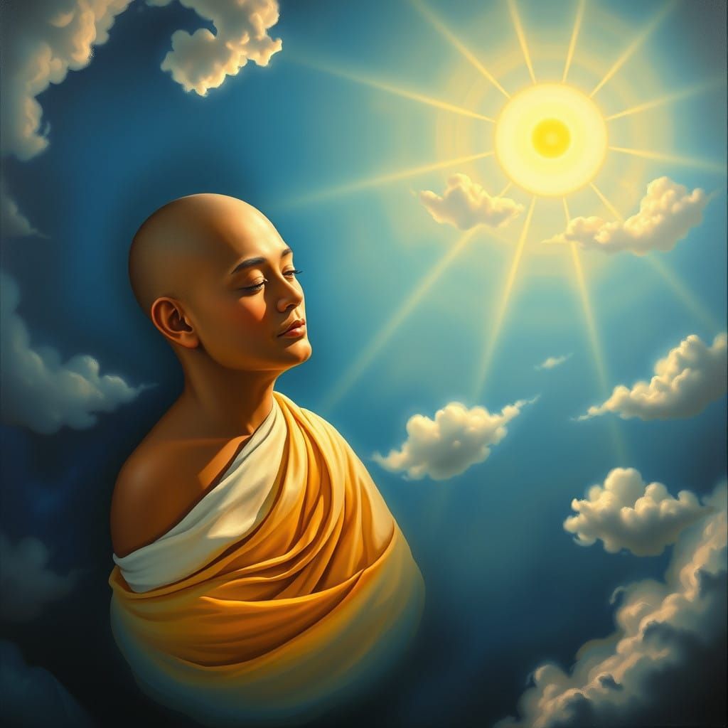 Buddhist Monk in Dreamlike Oil on Canvas Scene