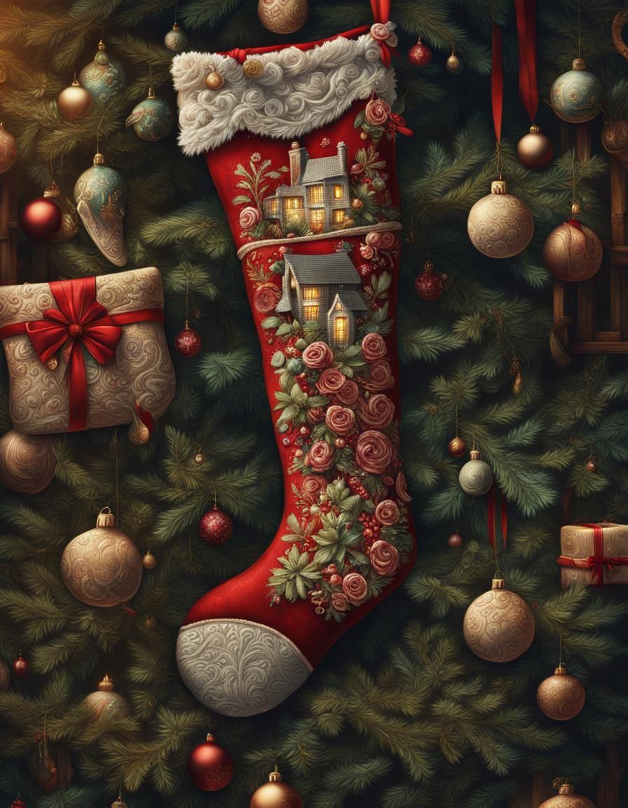 Embroidered Christmas Stocking: Detailed Digital Art