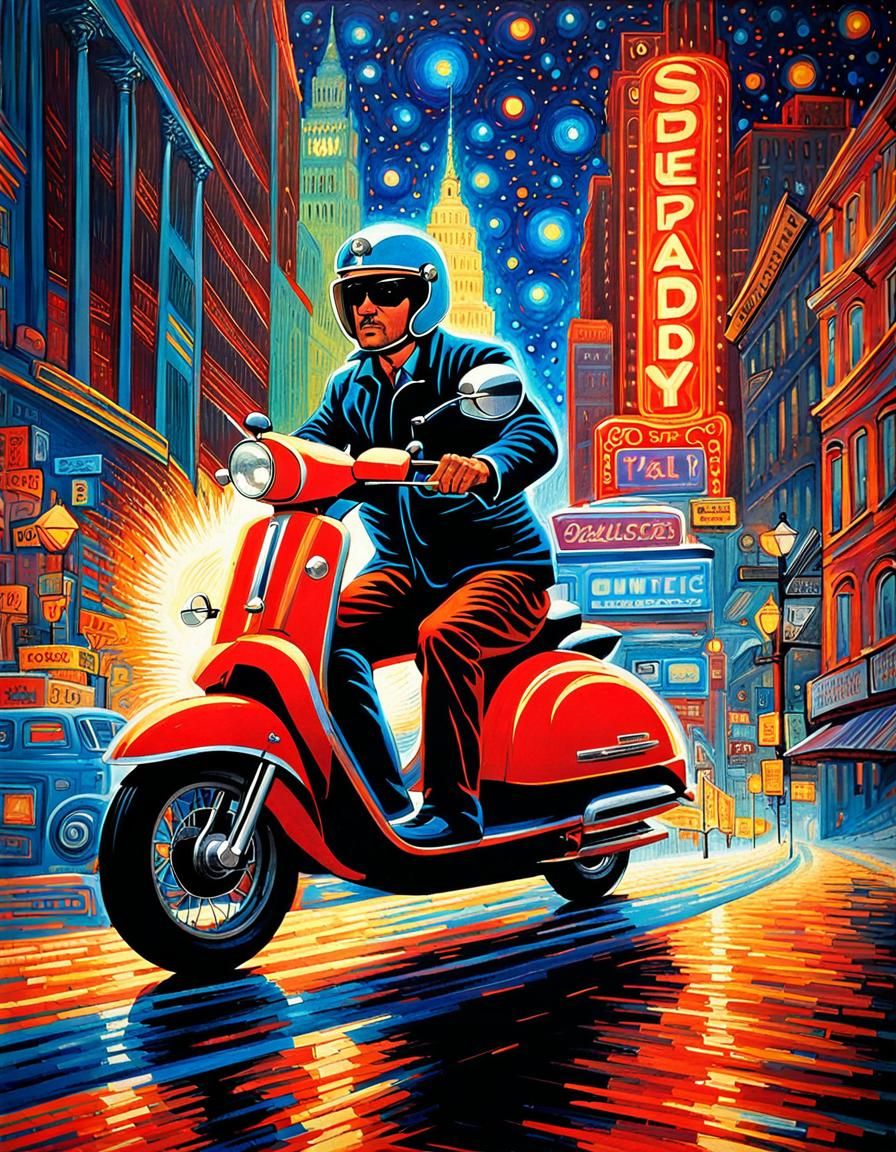 Electroluminescent Moped Ride Through Decoupage City