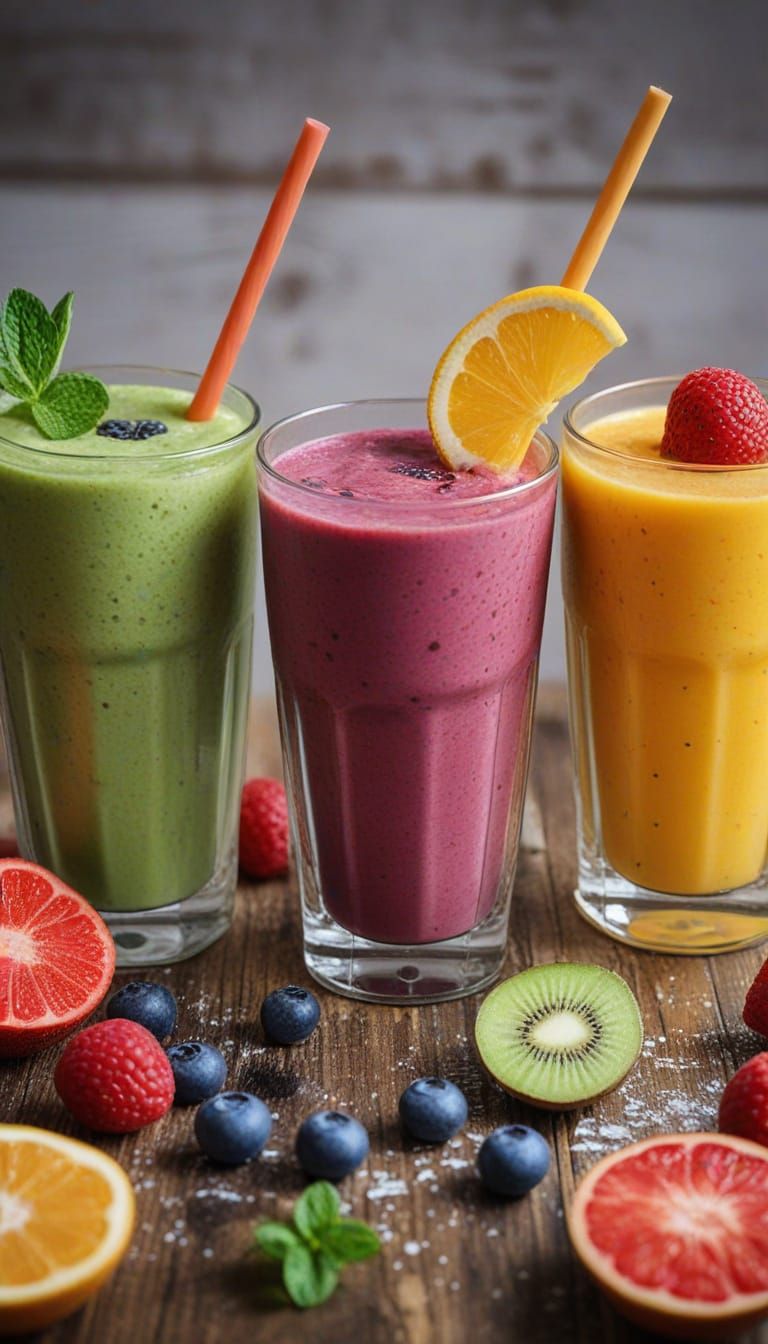 Vibrant Fruit Smoothies in Splash Art Style Digital Painting