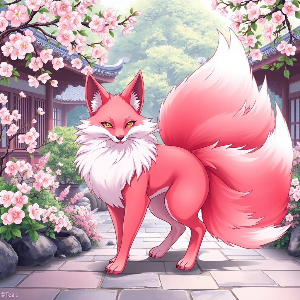 Elegant Japanese Kitsune in Traditional Garden with Cherry B...