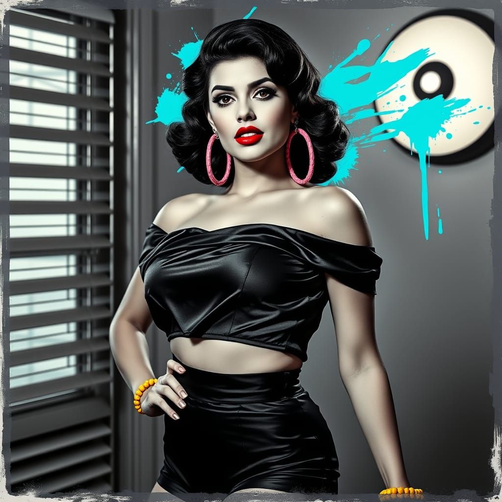 A stylized digital illustration of a glamorous retro-style woman in a black and white composition with a vibrant turquoi...