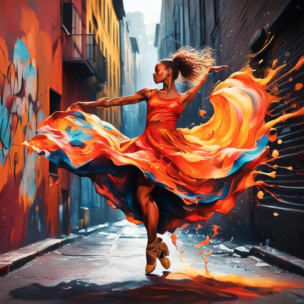Fiery Dancer in City Alleyway Graffiti Art
