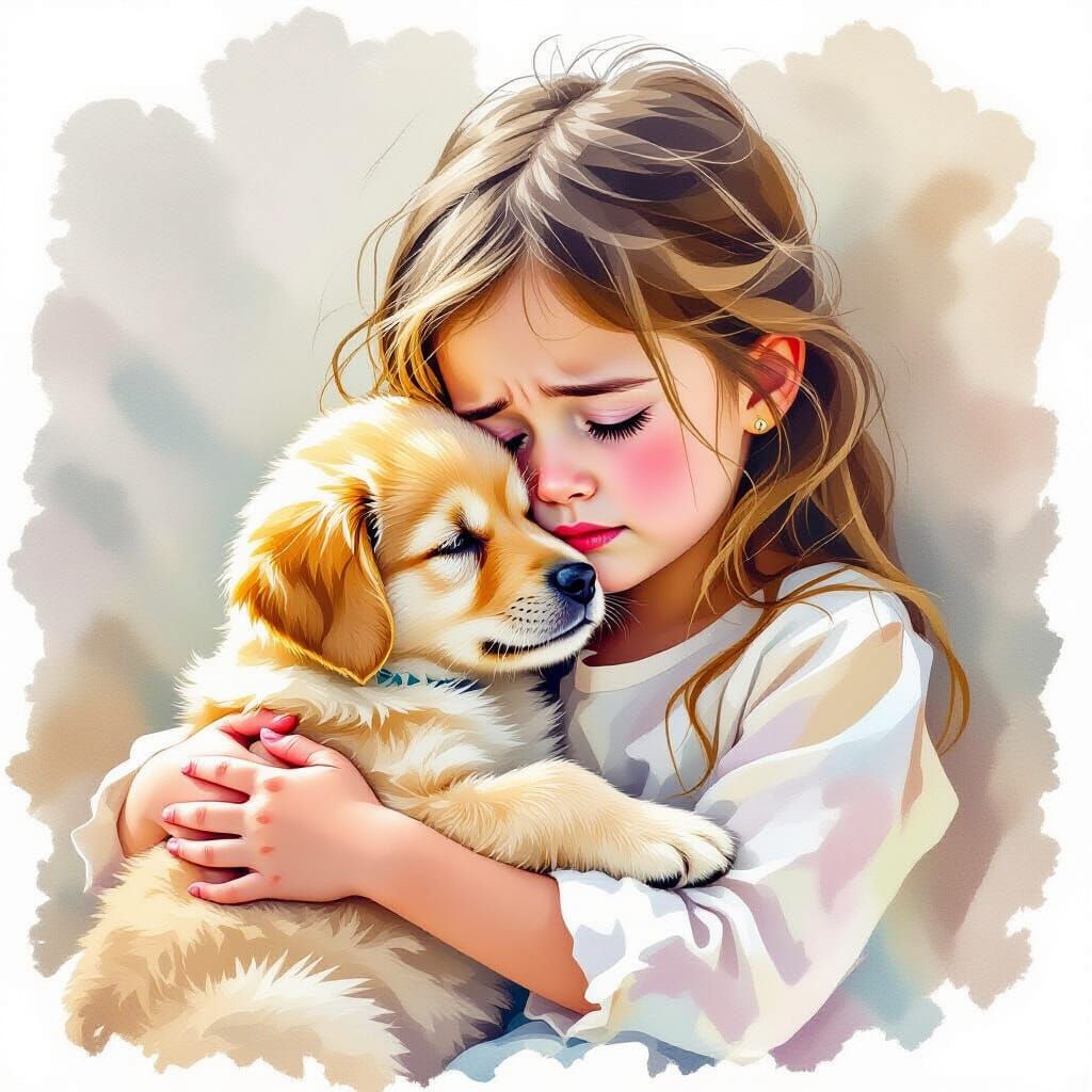 Girl Crying with Dog, Impressionistic Watercolor
