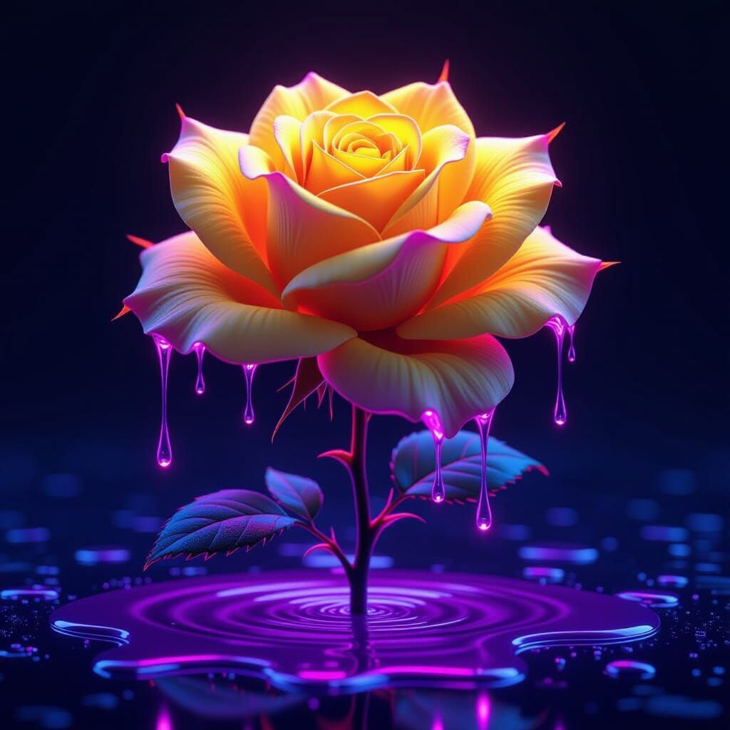 Glowing Yellow Rose with Neon Veins and Purple Drips