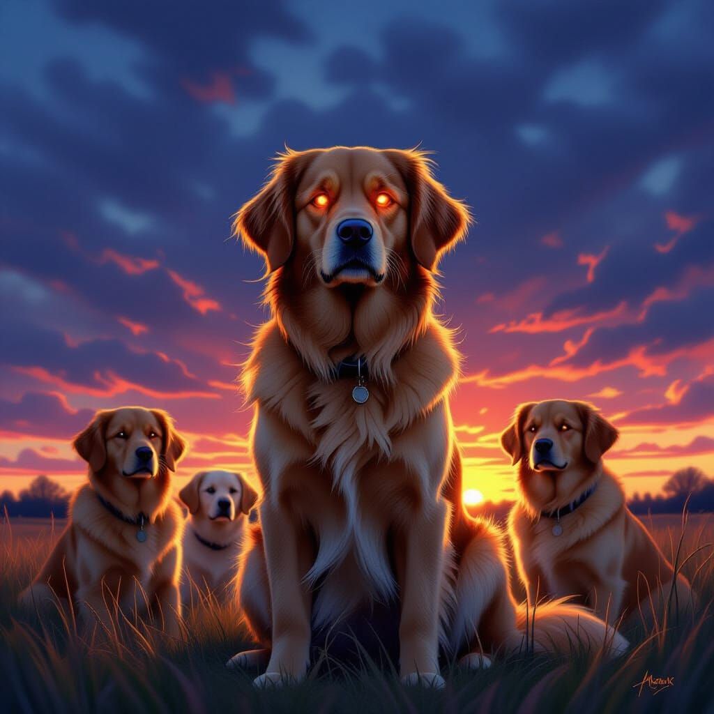 Loyal Golden Retrievers With Fiery Eyes Under Twilight Sky