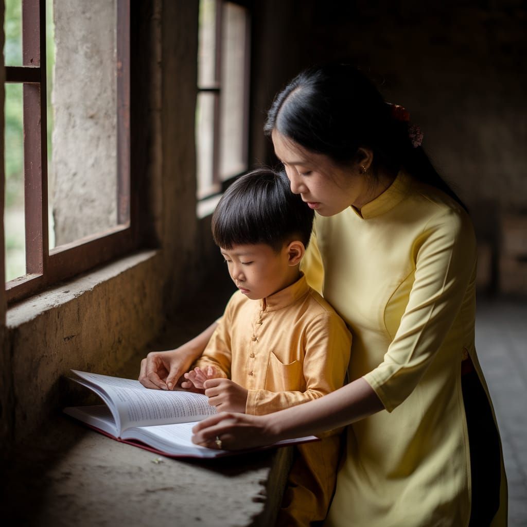 Mother Teaches Child in Cozy Rural Setting