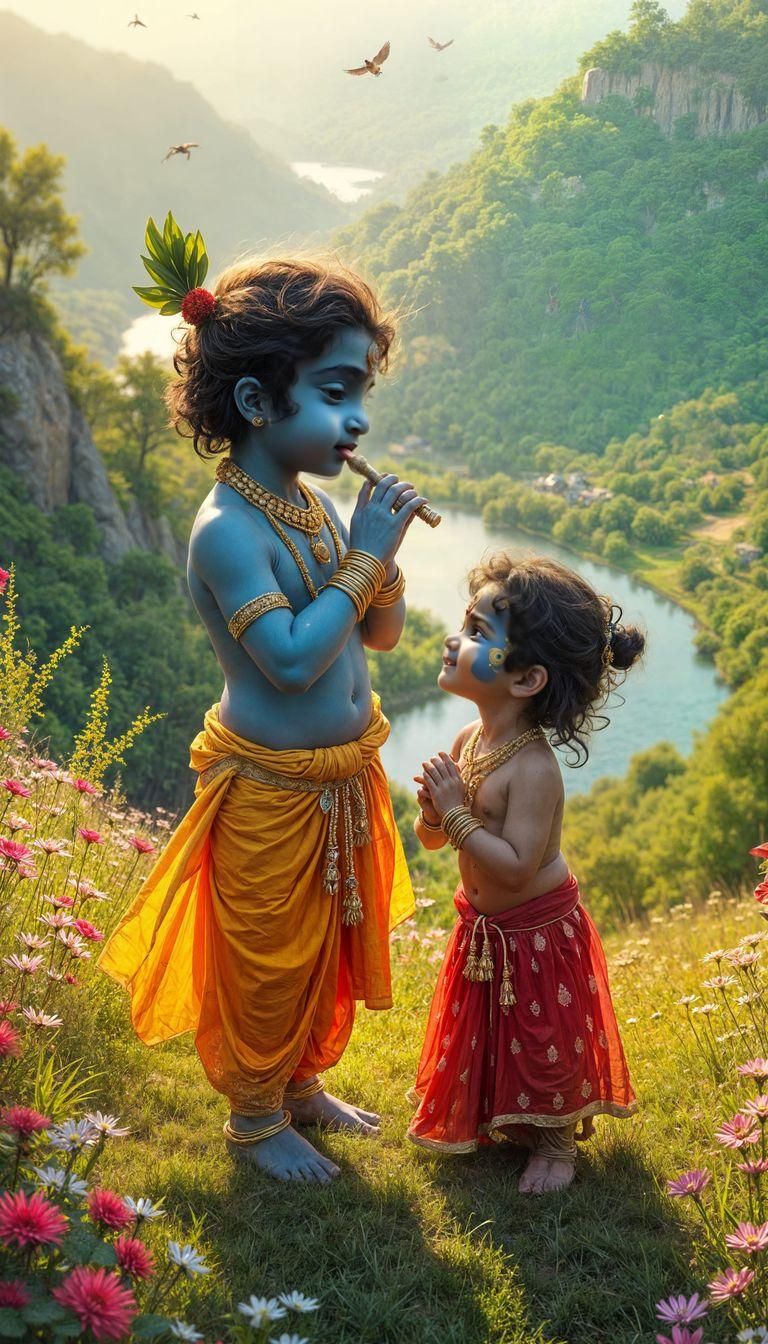 Hyperrealistic Toddler Radha and Krishna in Meadow