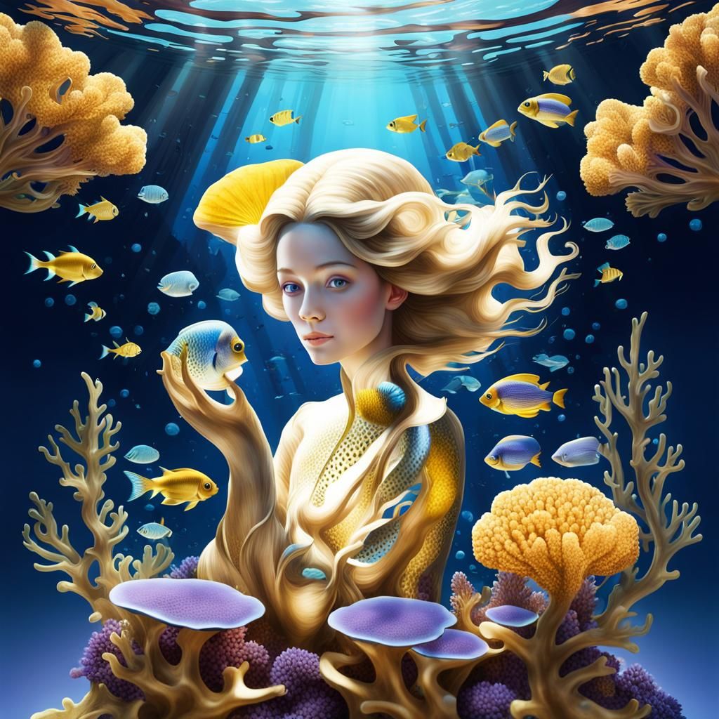 Luminous Coral Reef with Golden and Purple Corals