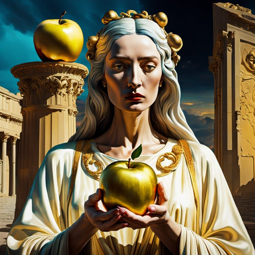 Divine Woman Offers Golden Apple in Burning Troy