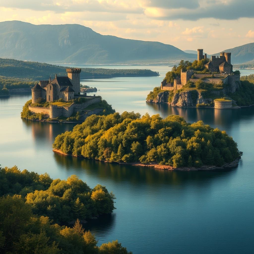 Elongated Lake Landscape with Medieval Fortresses and Emeral...