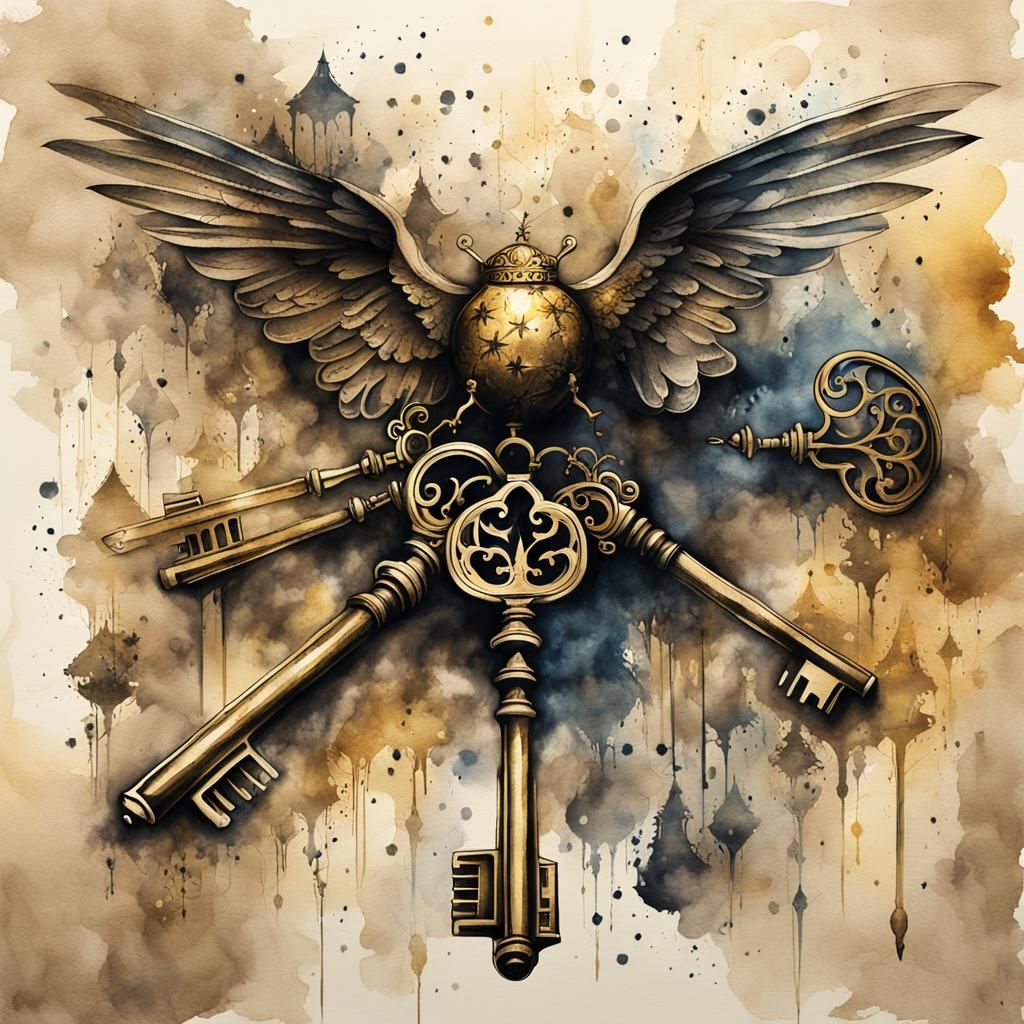 Winged Keys Fly Through Hogwarts: Watercolor Ink Art