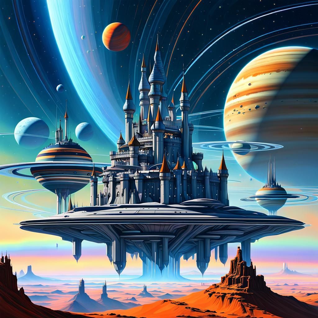 Flying Castle in Starry Sky, Digital Art