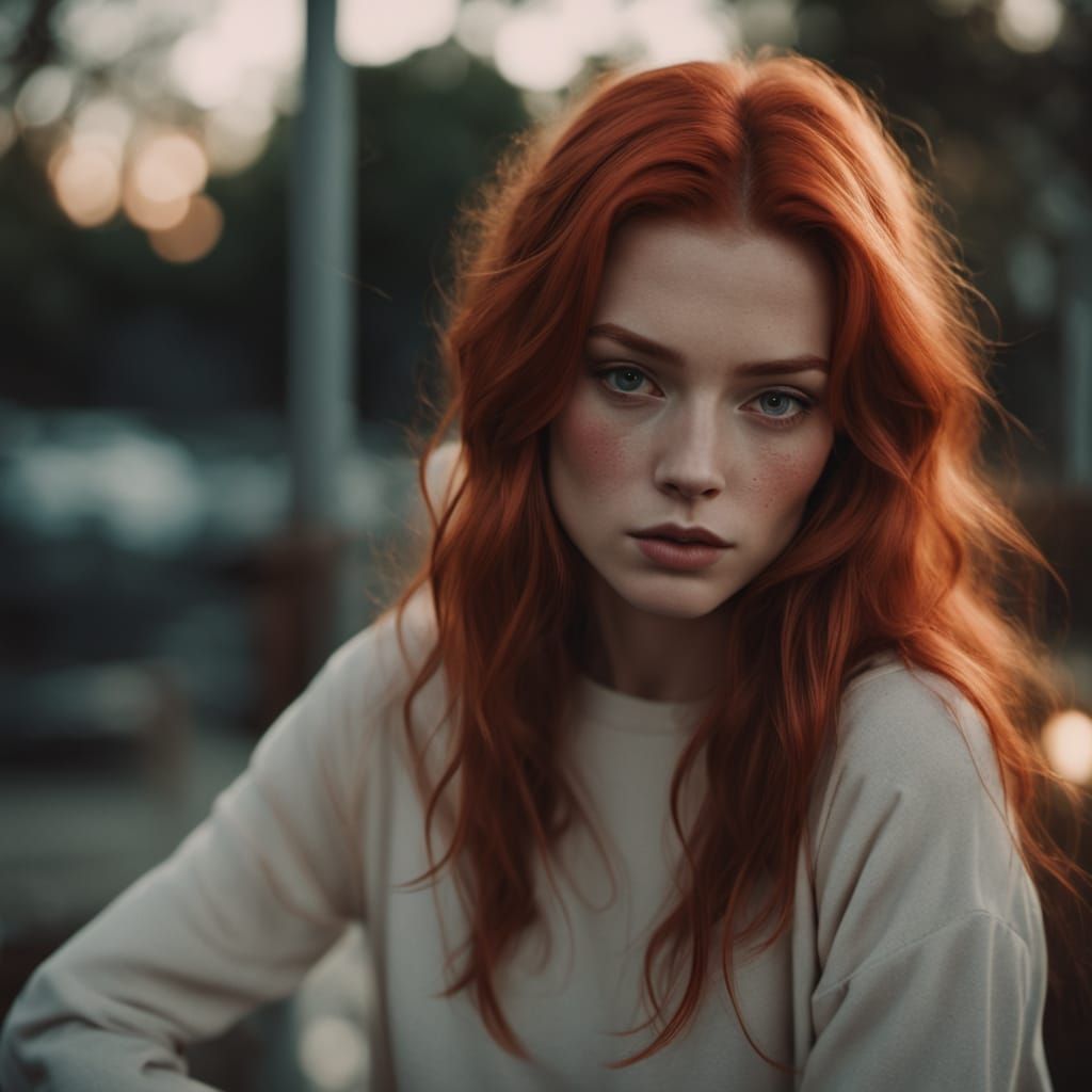 Seductive Red-Haired Beauty in Cinematic Film Style