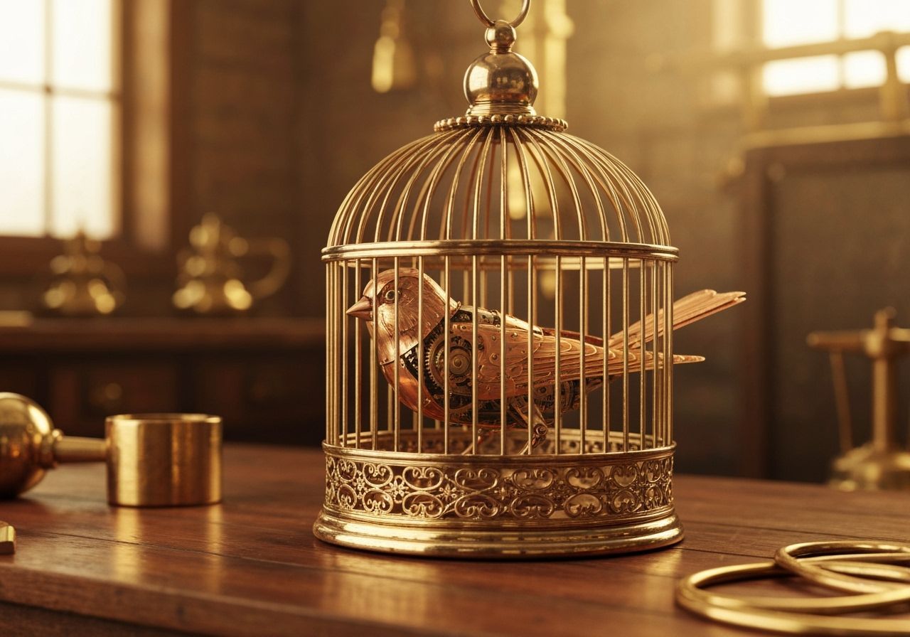 Steampunk Mechanical Canary in Ornate Gilded Cage