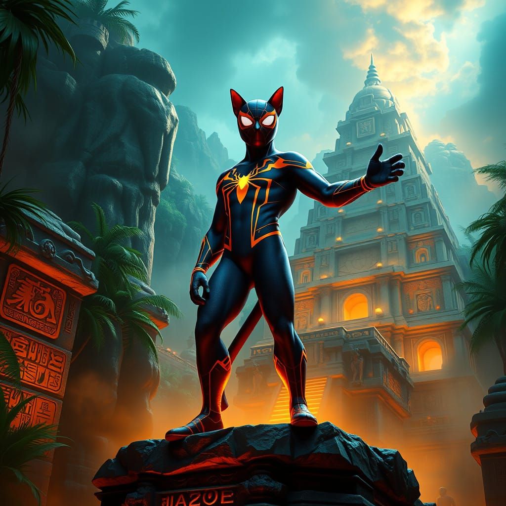 Heroic Cat-Spiderman Hybrid Amidst Ancient Temple Ruins