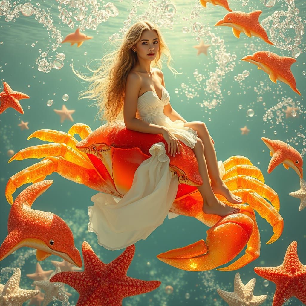 Woman Rides Gummy Crab Through Soda Sea, Digital Art