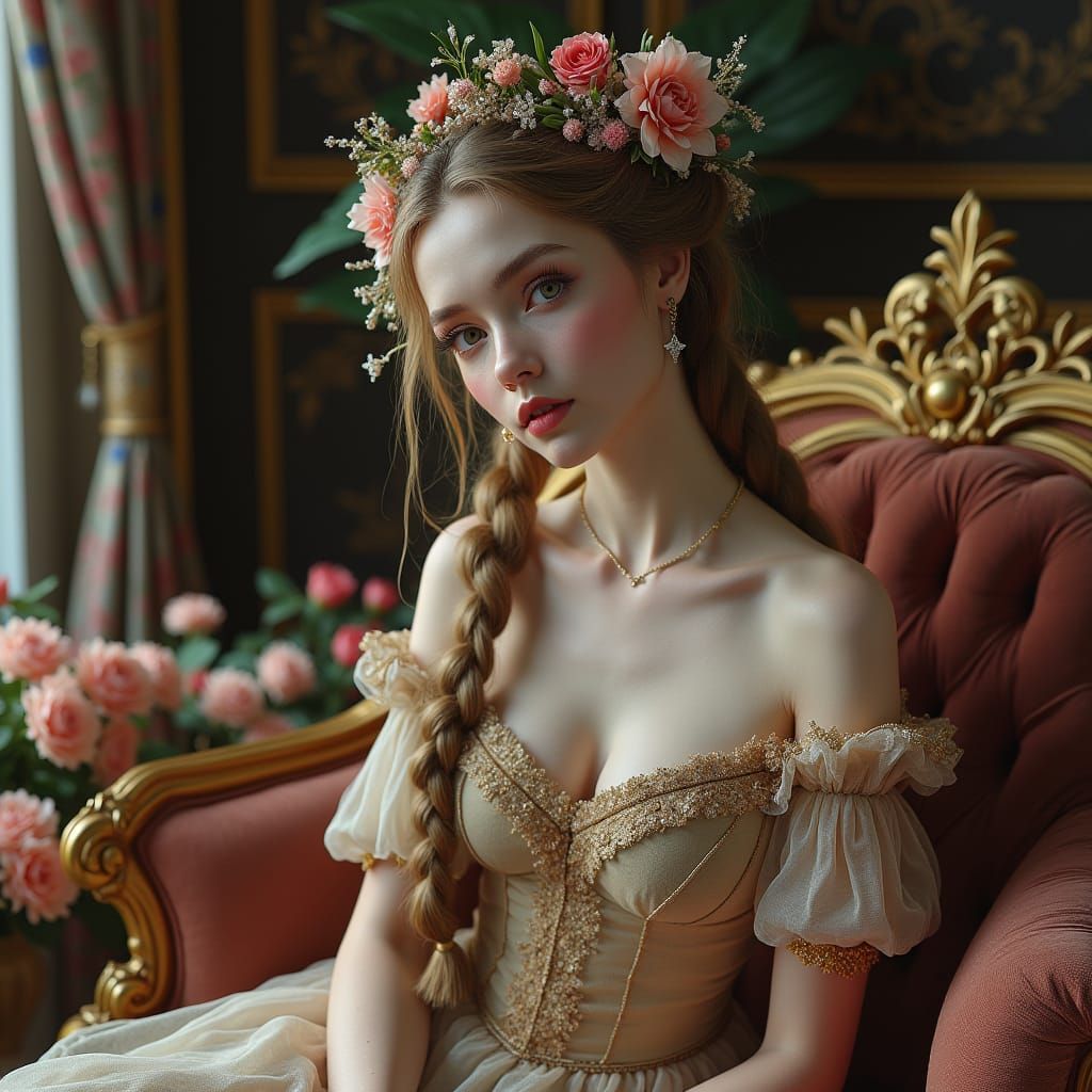 Victorian Woman with Flowers, Pre-Raphaelite Style