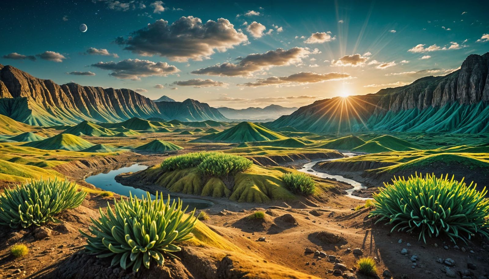 Vibrant Alien Landscape Under a Strange Sunrise