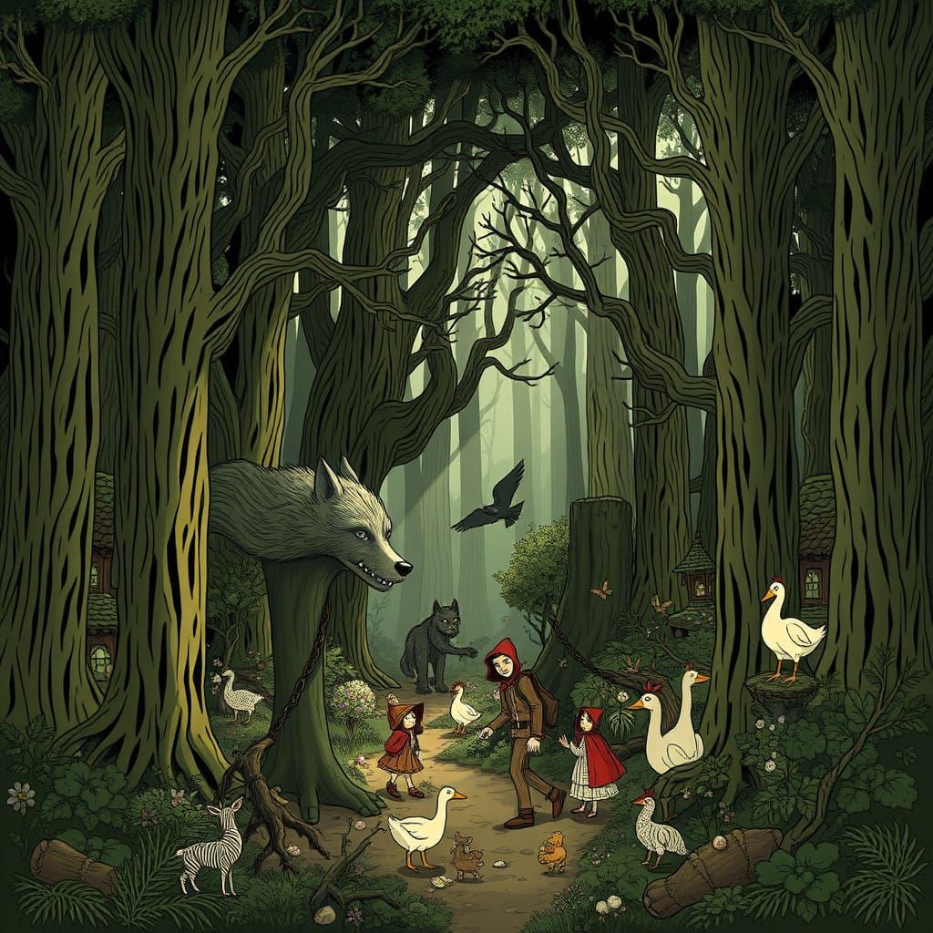 Whimsical Fantasy Forest Landscape in Dark, Mystical Style