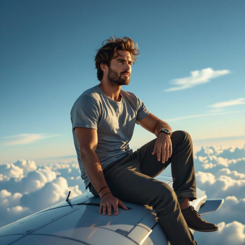 Man on Airplane Roof: Hyper-Realistic Digital Painting