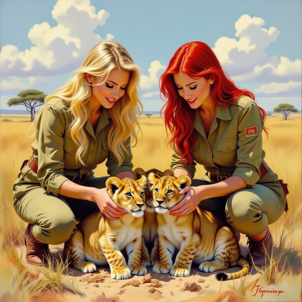 Women Caring for Lion Cubs in African Savannah Oil Painting