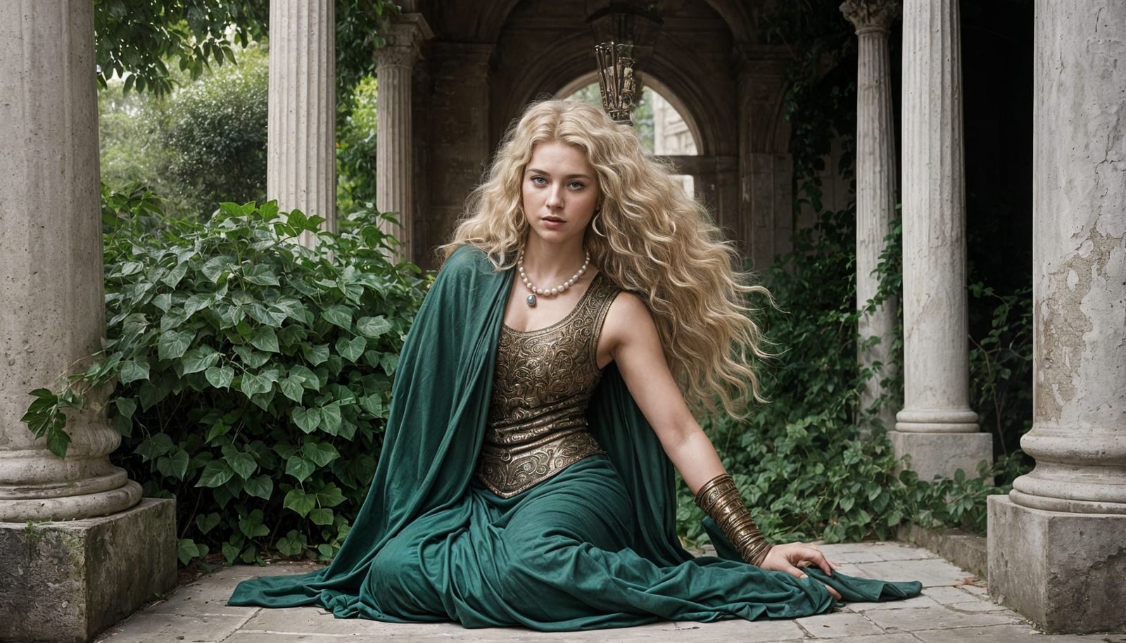 Beautiful Lady in Classical Portico with Lion and Gentleman