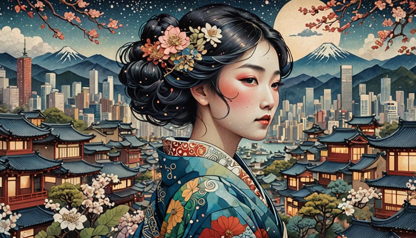 Fragmented Woman in Ukiyo-e Japanese Style