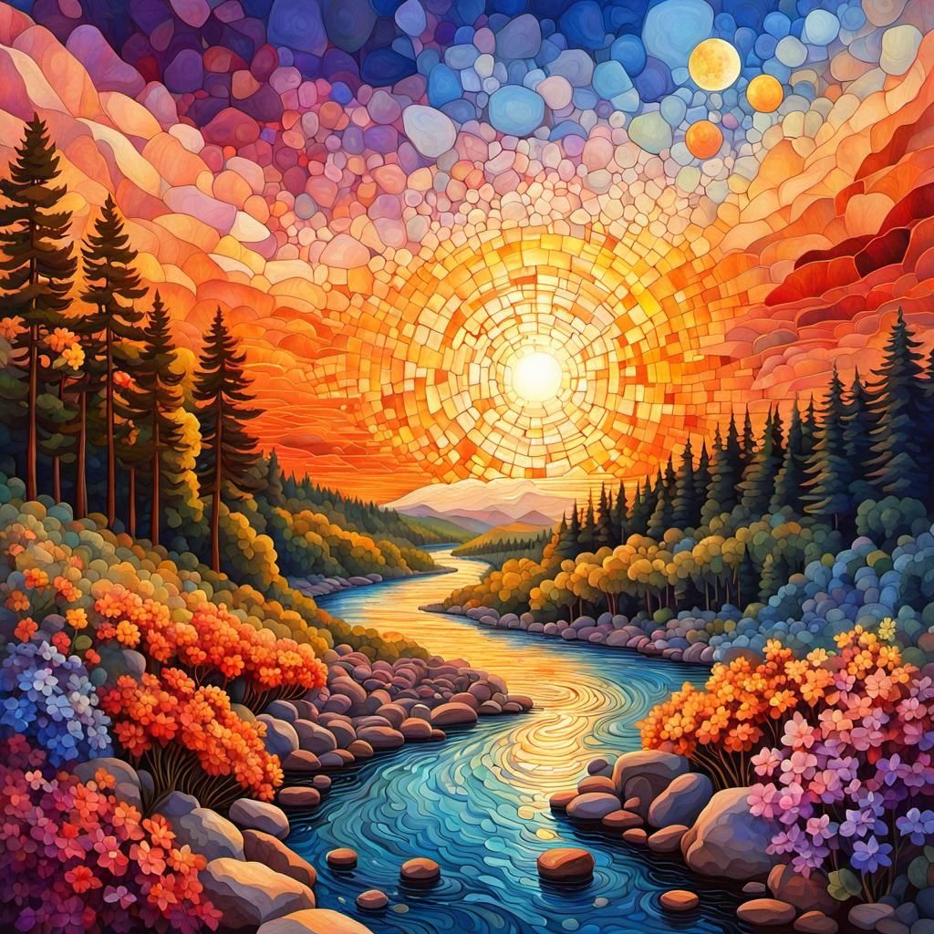 Colorful River Landscape in Digital Mosaic Illustration