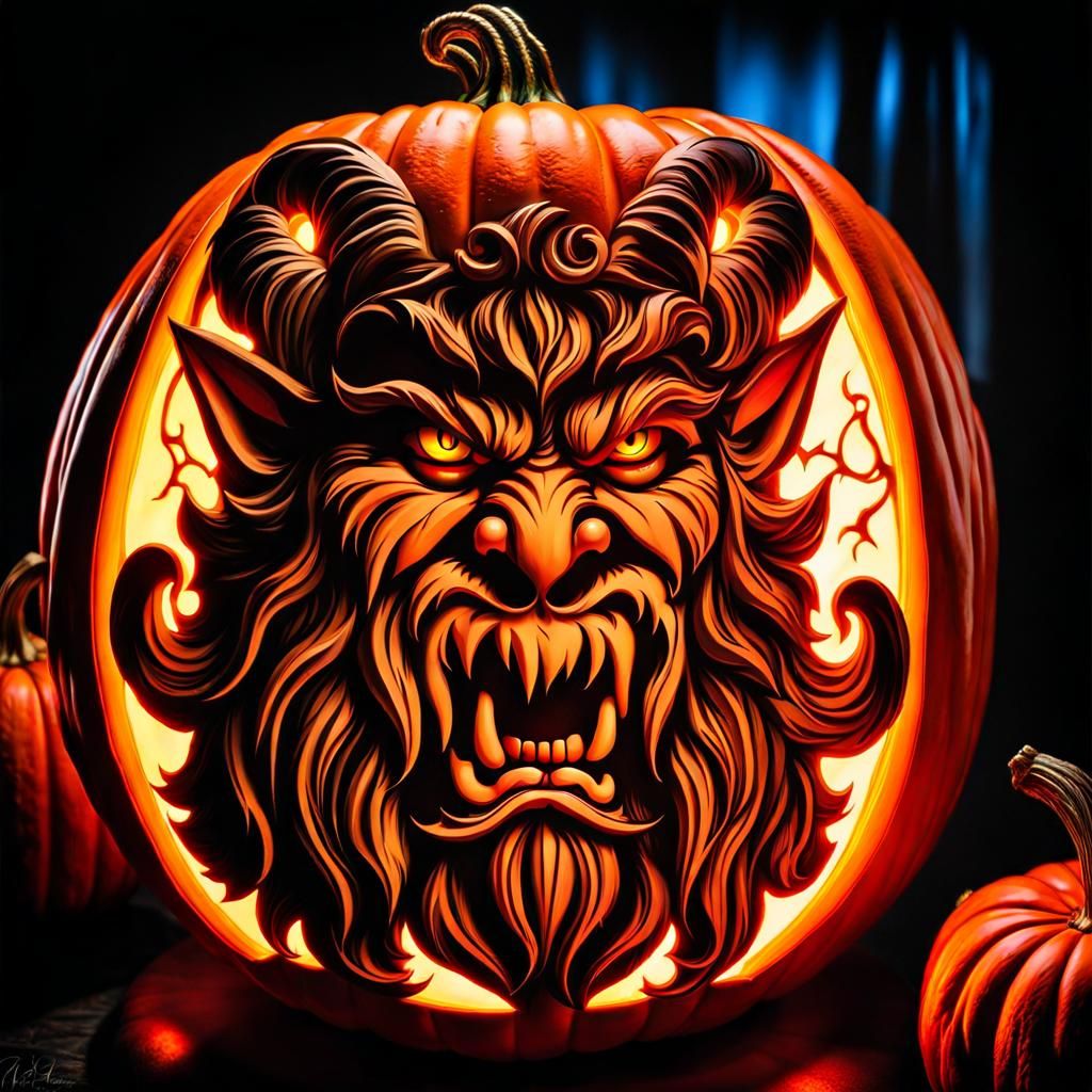 Intricately Carved Krampus Pumpkin in Santa Hat