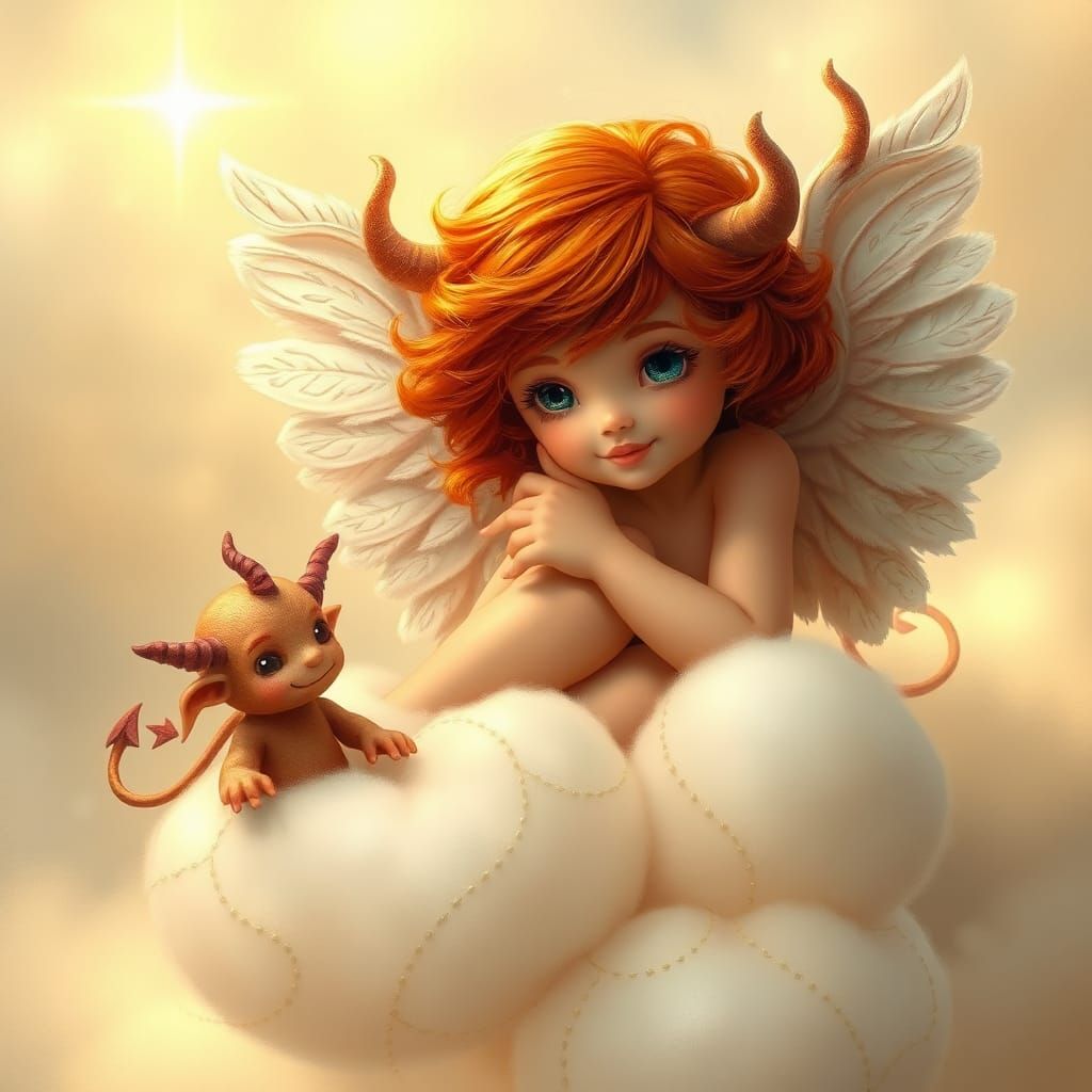 Angel and Devil on a Cloud in Dreamy Style