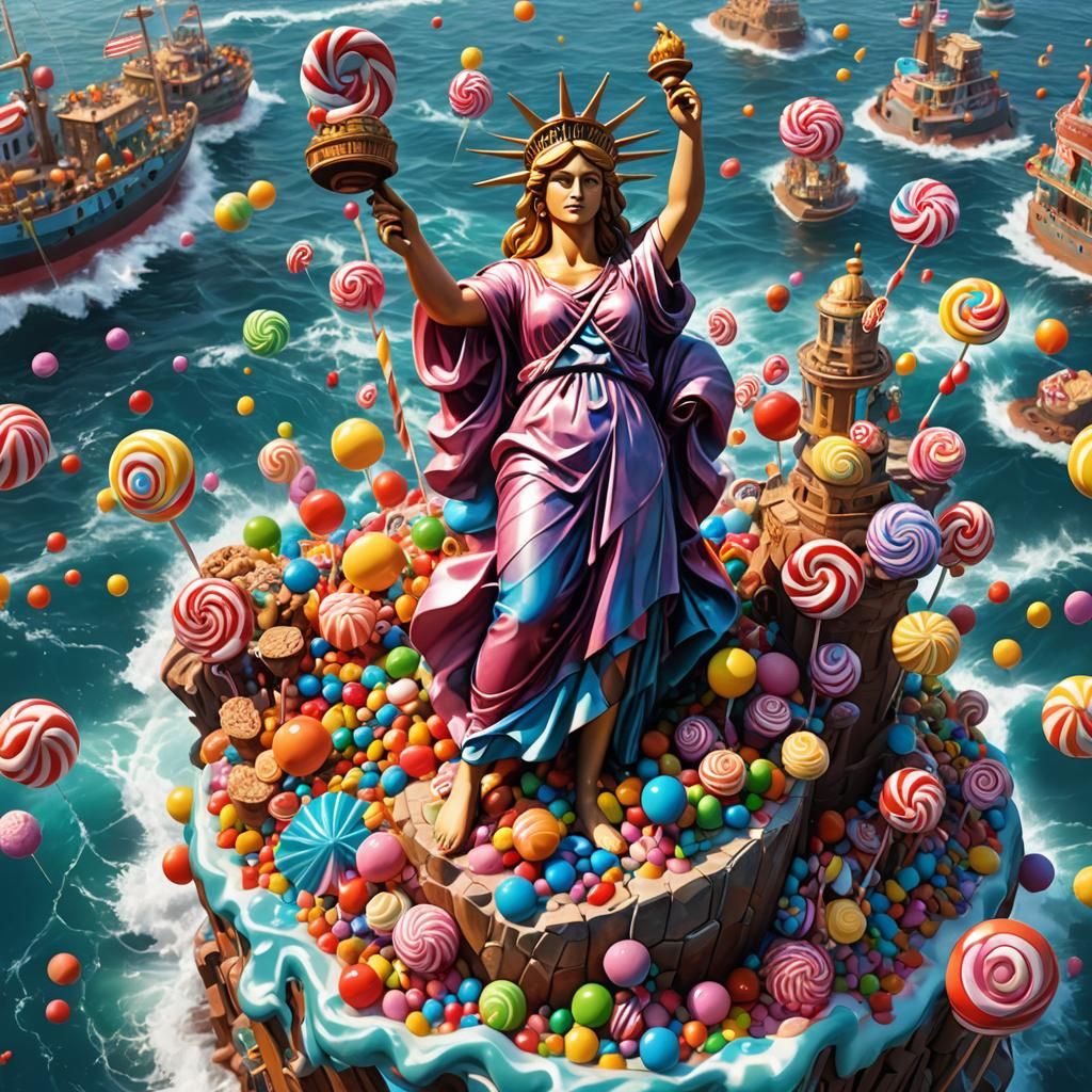 Statue of Liberty Submerged: Candy Art Storm