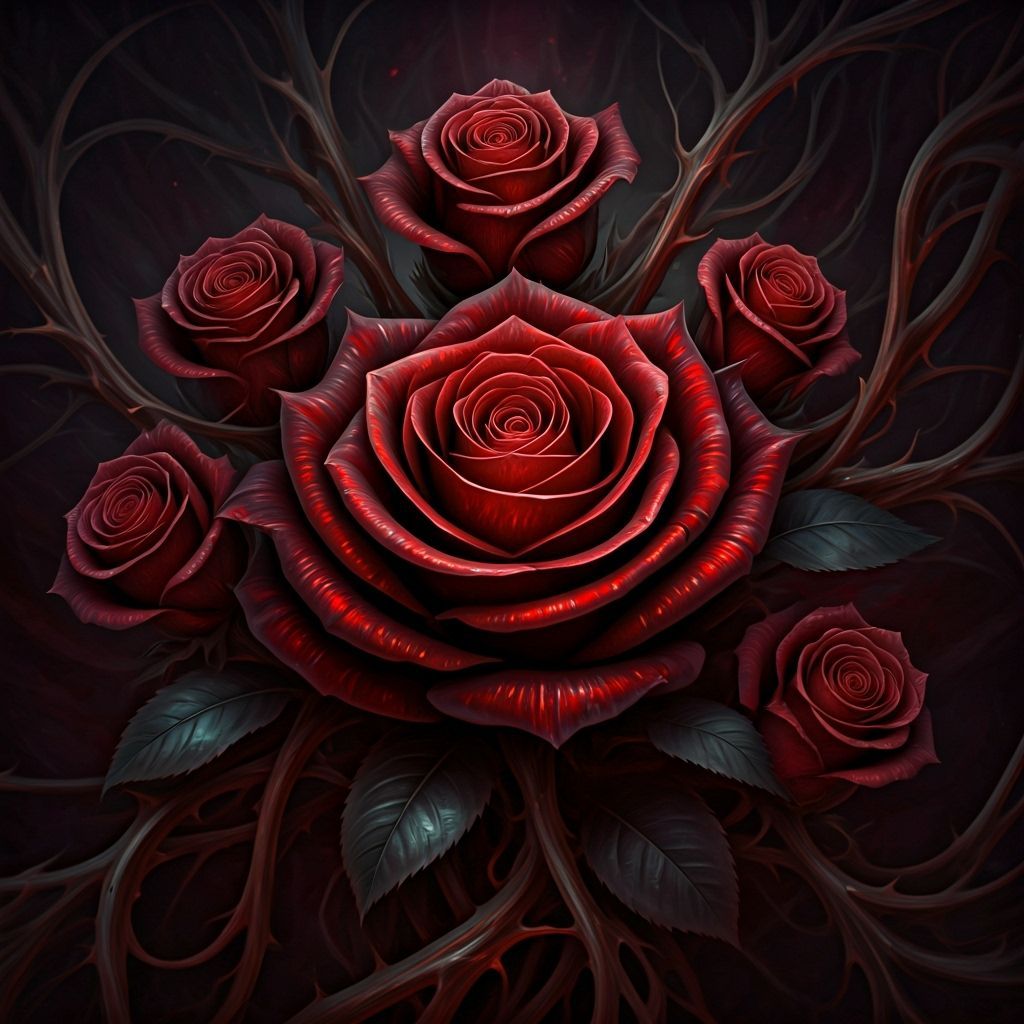 Ethereal Scarlet Roses with Dark Veins and Mist