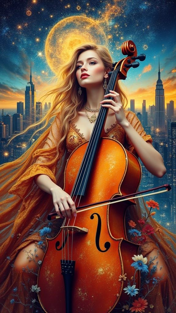 Golden Symphony Mural: Cello Player Among Stars