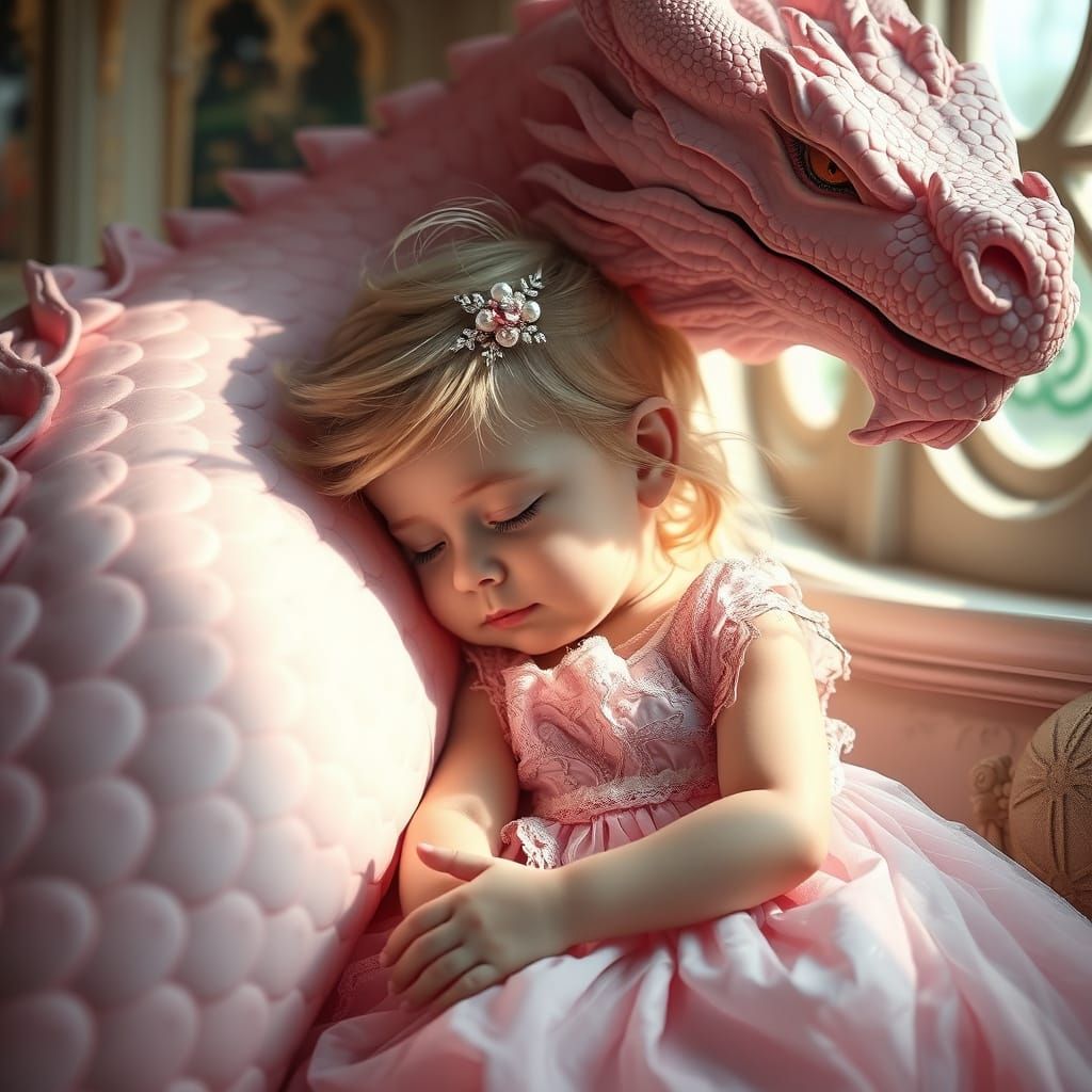 A young blonde girl, about one year old, sleeps peacefully while nestled against a large, elegant pink dragon, her delic...