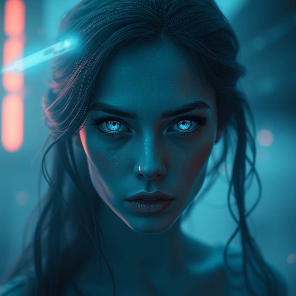 Ethereal Woman with Blue Eyes: Digital Art