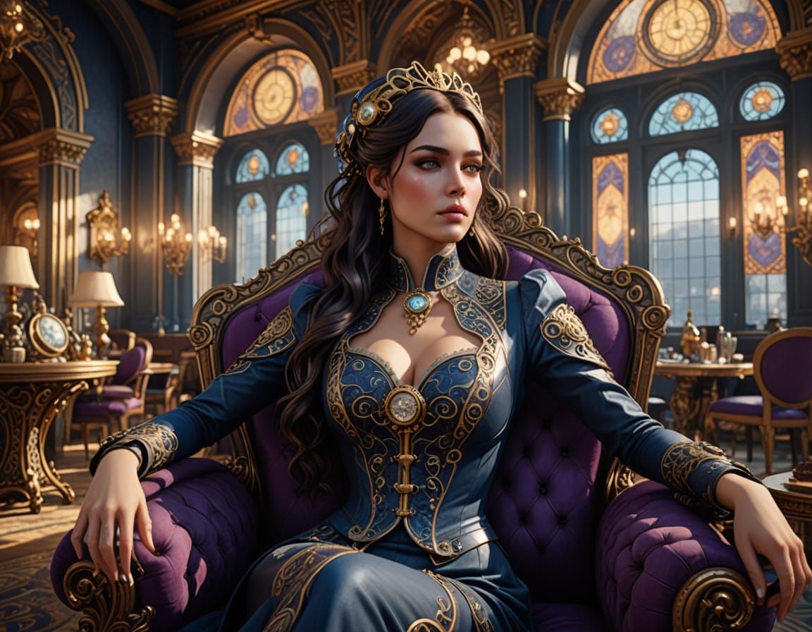 Steampunk Cyborg Woman Sips Tea in Elegant, Dreamlike Settin...