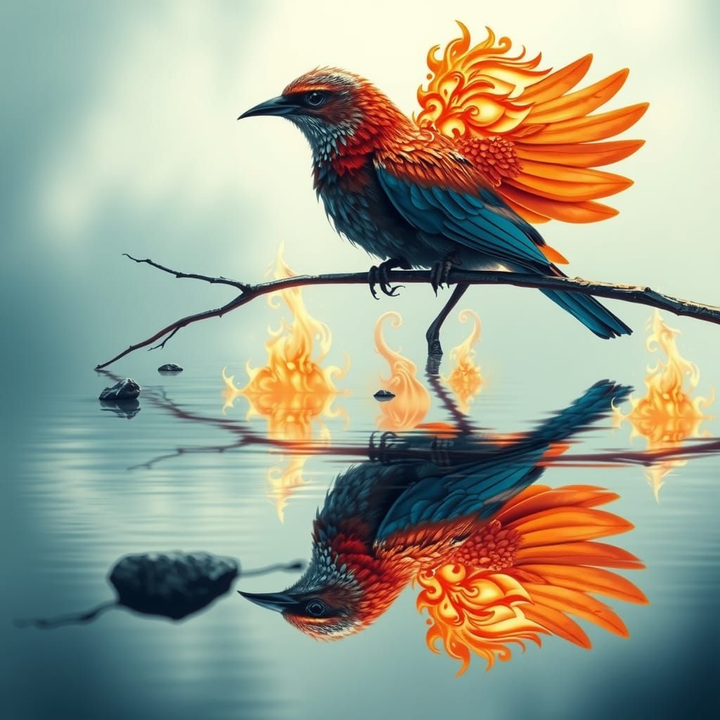 Bird and Phoenix Reflection in Ethereal Art Style
