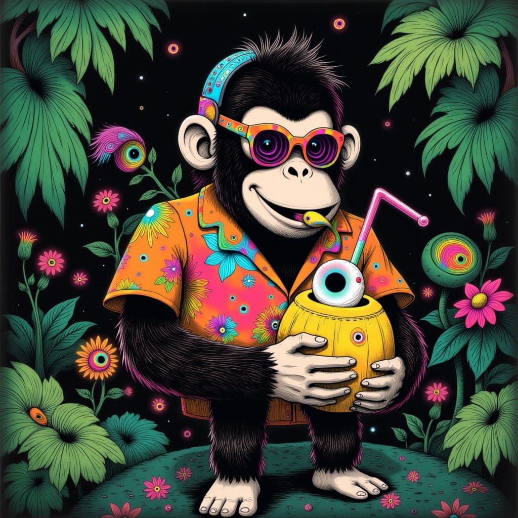 Donkey Kong Sipping Pina Colada in Neon Jungle