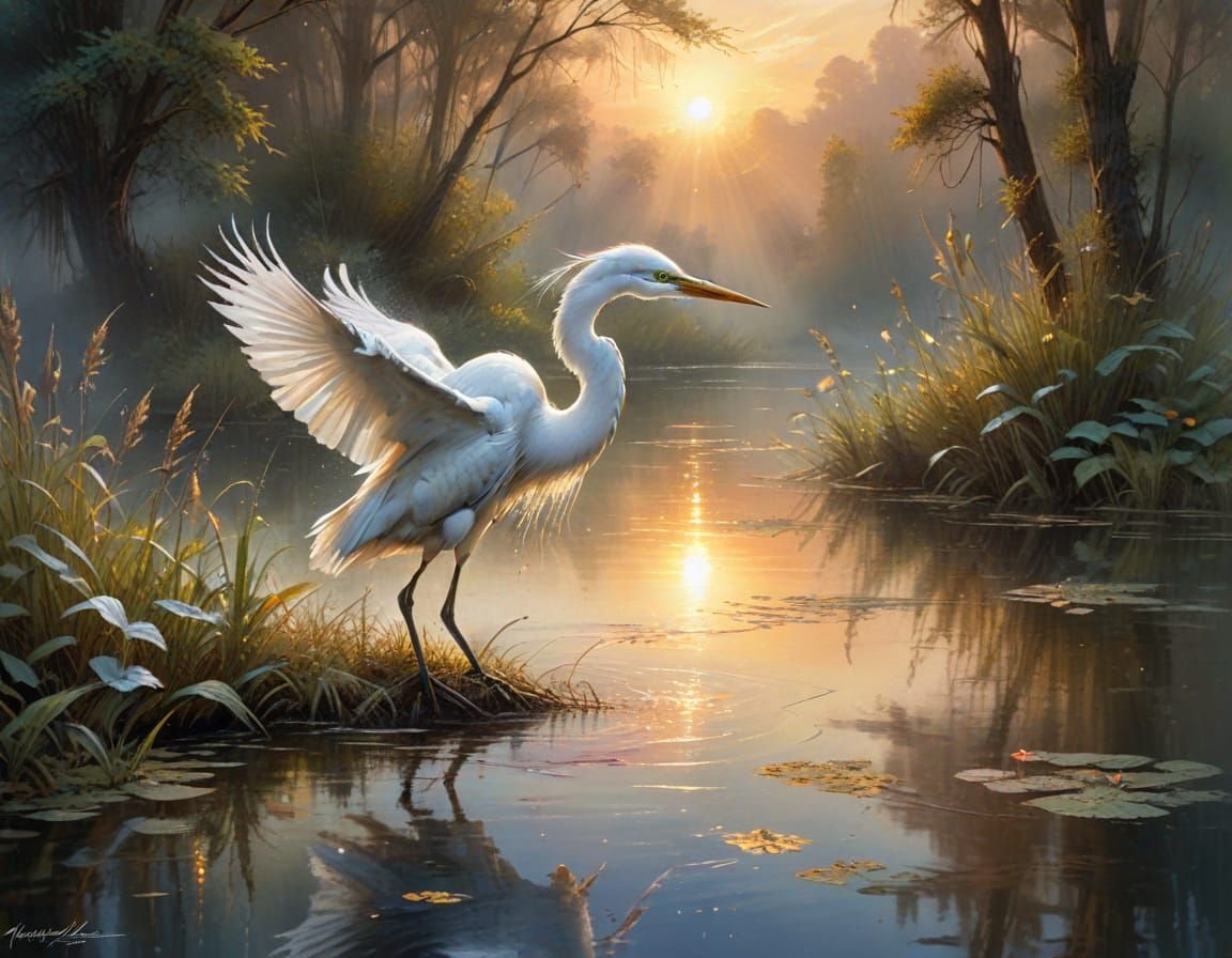 White Egret on Misty Lake in Watercolour Style