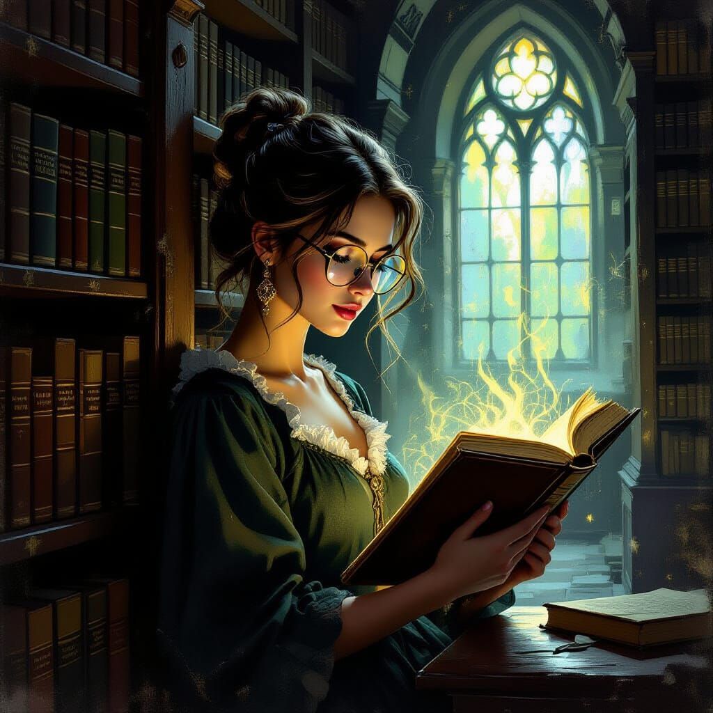 Mysterious Library Scene with Woman Reading in Dark Fantasy ...