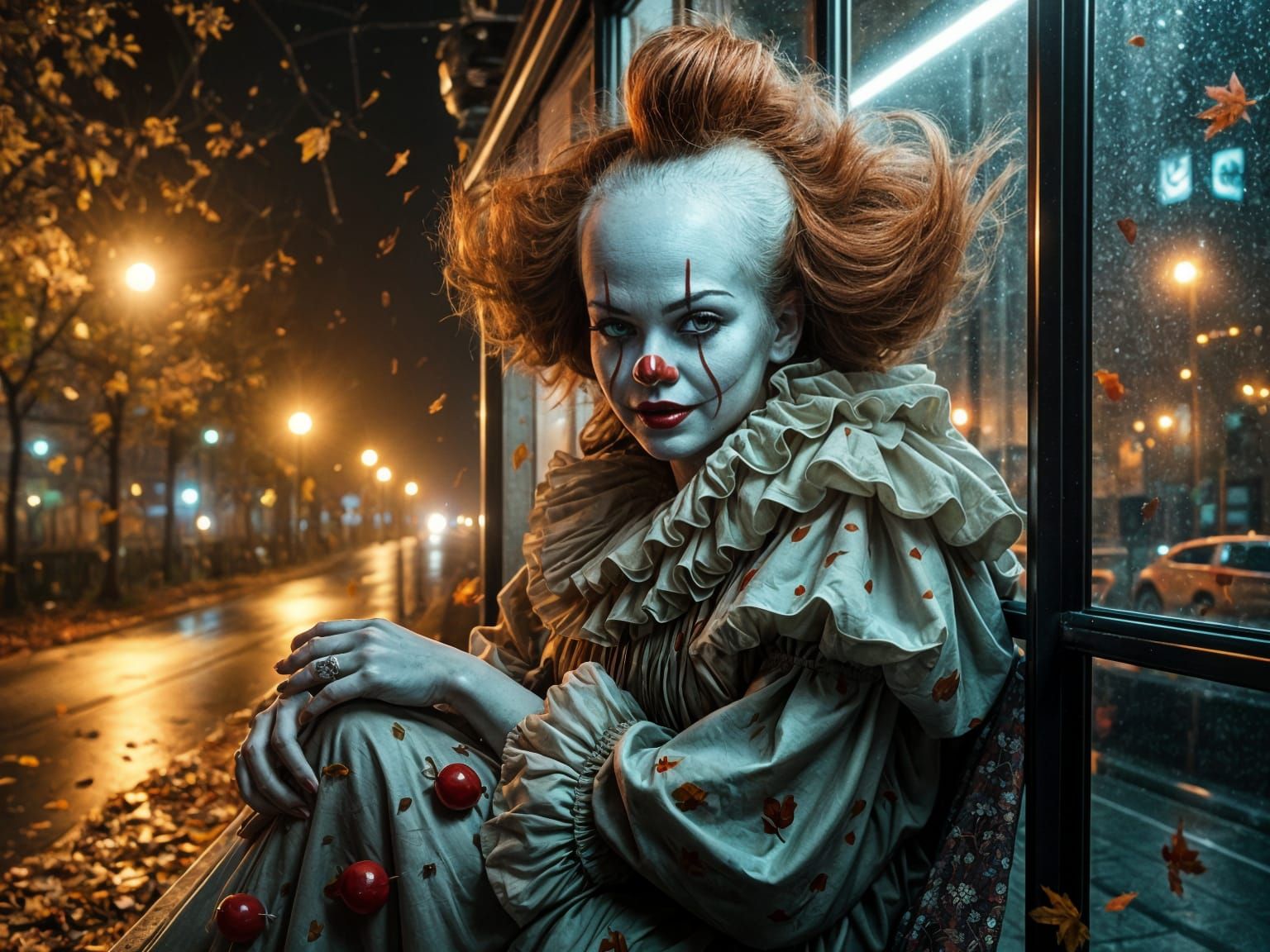Pennywise Woman in Bus Shelter on Autumn Night
