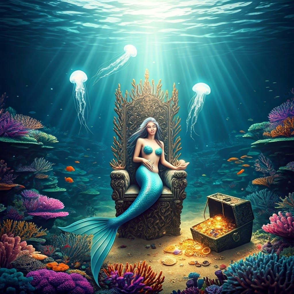 Mermaid on a Coral Throne in a Vibrant Underwater Kingdom