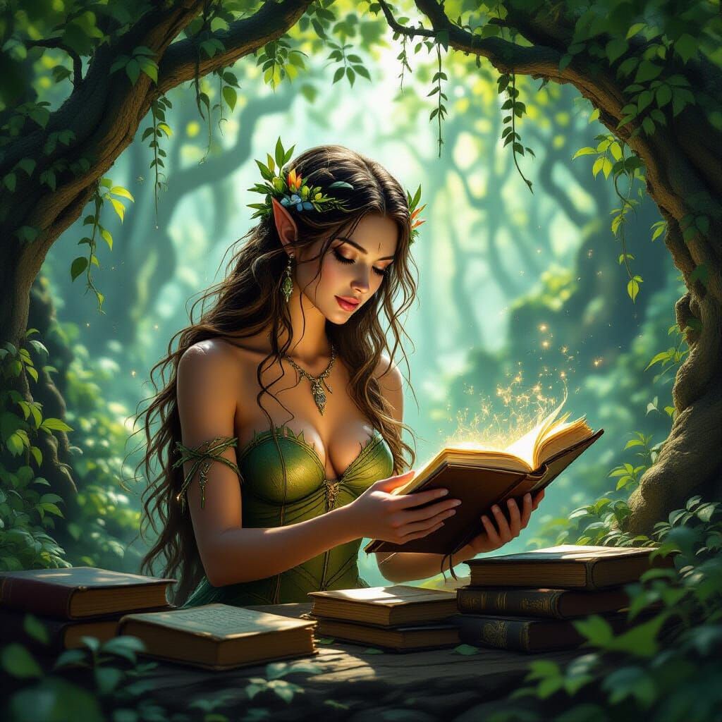 Mystical Dryad Tends Glowing Tomes in Hidden Grove