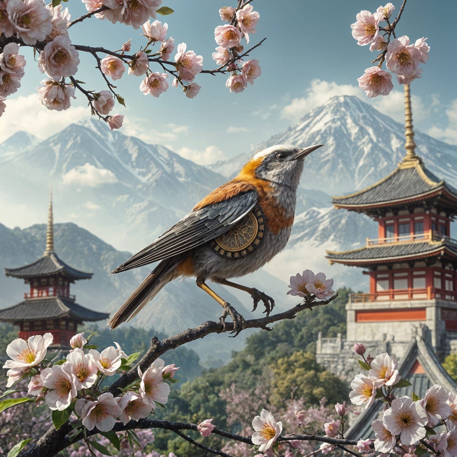 Clockwork Songbird in Japanese Garden, Ethereal Art