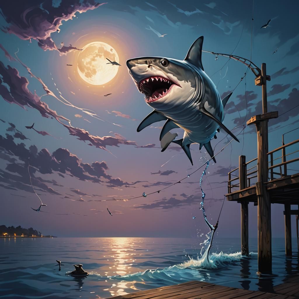 Surreal Shark Fishing at Night, Salvador Dali Inspired