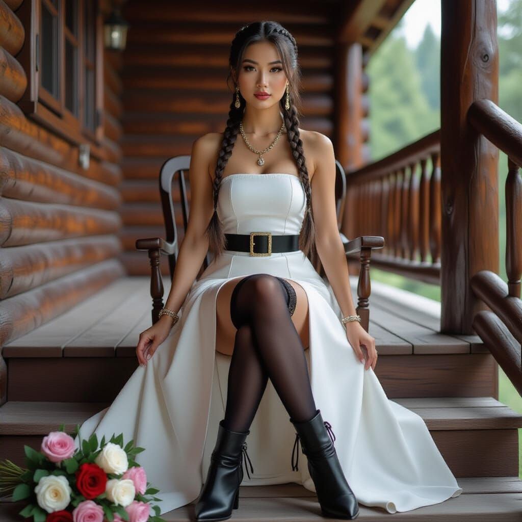 Woman in Leather and Lace on Cabin Terrace